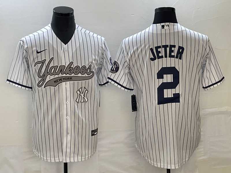 Men%27s New York Yankees #2 Derek Jeter White With Patch Cool Base Stitched Baseball Jersey->new york yankees->MLB Jersey